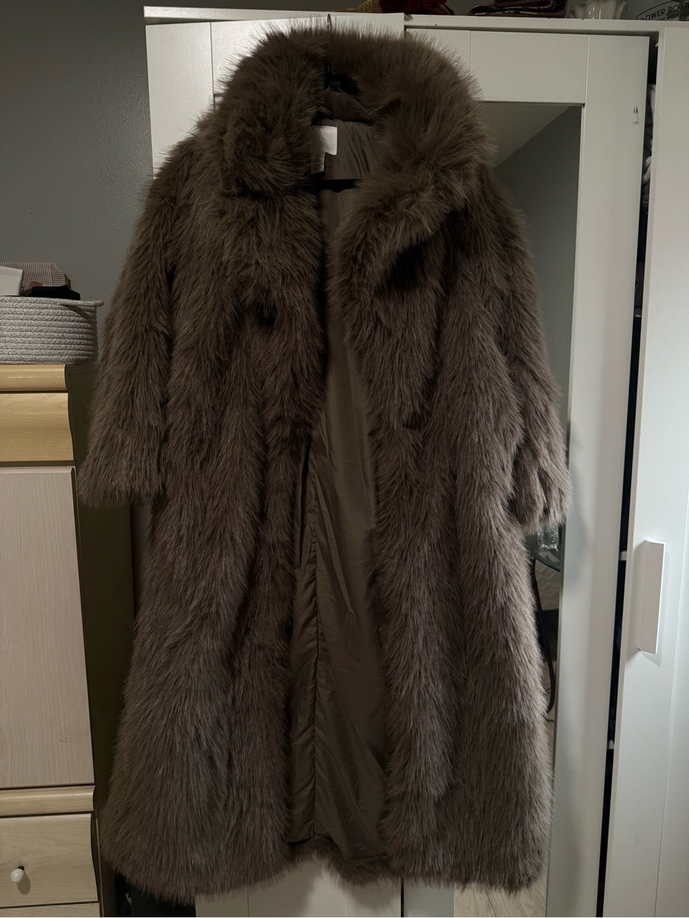 H&M Brown Faux-Fur Long Coat with Plush Collar